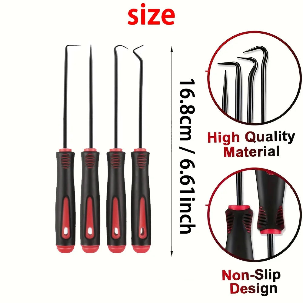 A set of precision oil seal and O-ring removal hooks in black and red, highlighting their size and non-slip design.