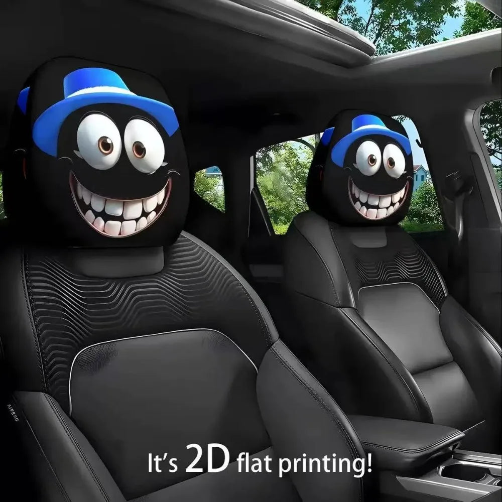 Two black car headrest covers featuring smiling cartoon characters with blue hats