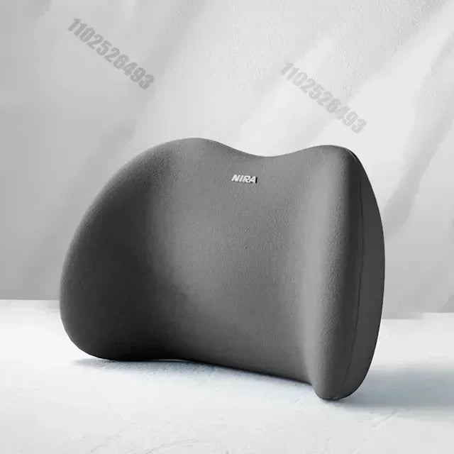 A gray ergonomic memory foam neck and lumbar pillow set resting on a white surface.