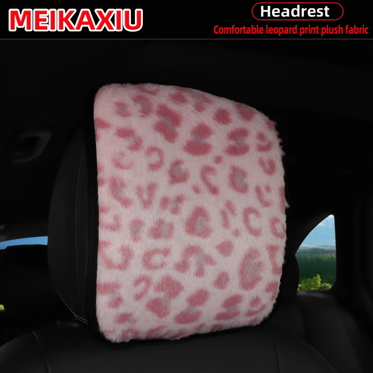 A pink leopard print plush fabric headrest pillow cover for a car seat.