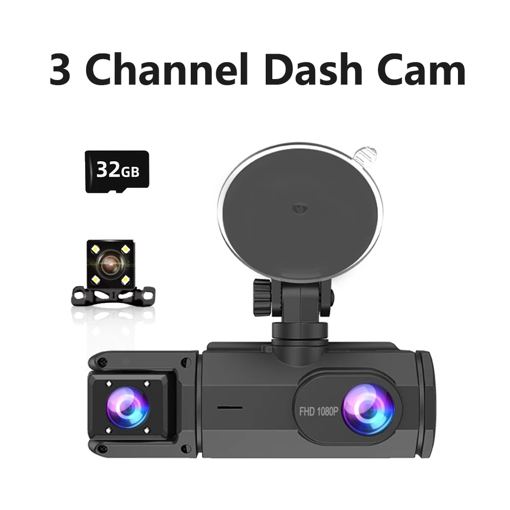A black 3 channel dash cam device with a front camera module shown in detail.