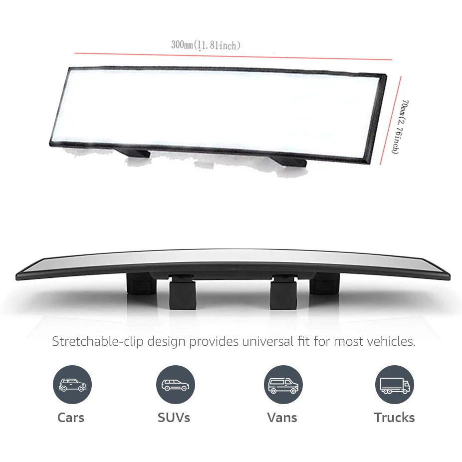 Anti-glare wide angle car mirror shown in various vehicle types including cars, SUVs, vans, and trucks.