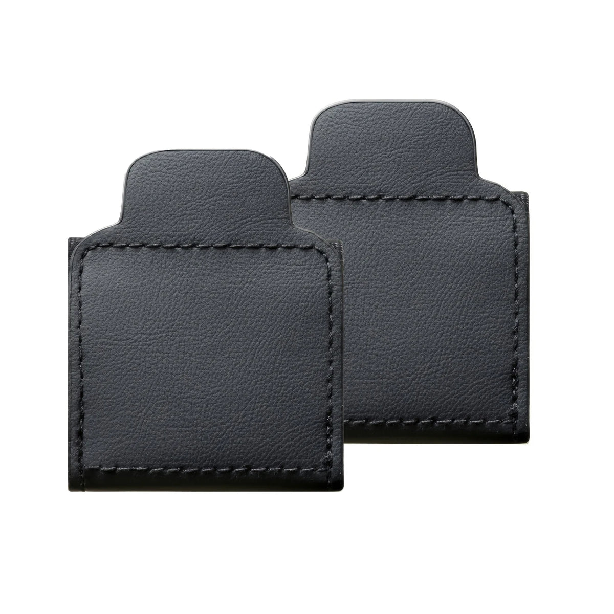 A black PU leather car seat belt adjuster with a stitched design.