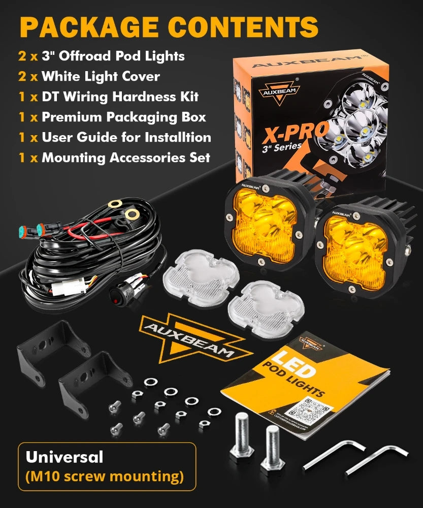 A set of X-PRO 3 Series LED pod lights, wiring kits, covers, and mounting accessories for off-road driving.