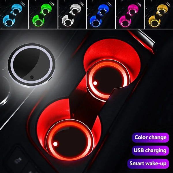 Close-up of LED car cup holder coasters showing various color changes and features like USB charging and smart wake-up