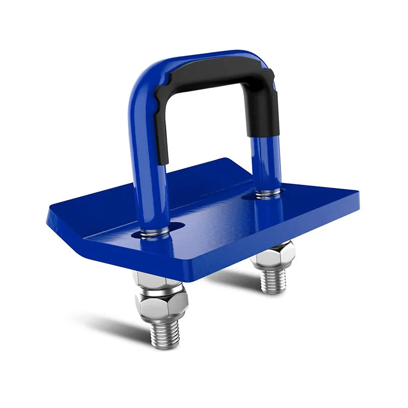 A blue heavy duty trailer anti-rattle stabilizer lock with a black handle and mounting bolts.