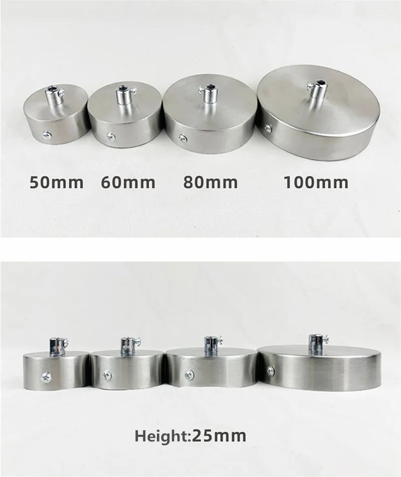 A set of modern stainless steel pendant lamp bases in various diameters: 50mm, 60mm, 80mm, and 100mm, with a height of 25mm.