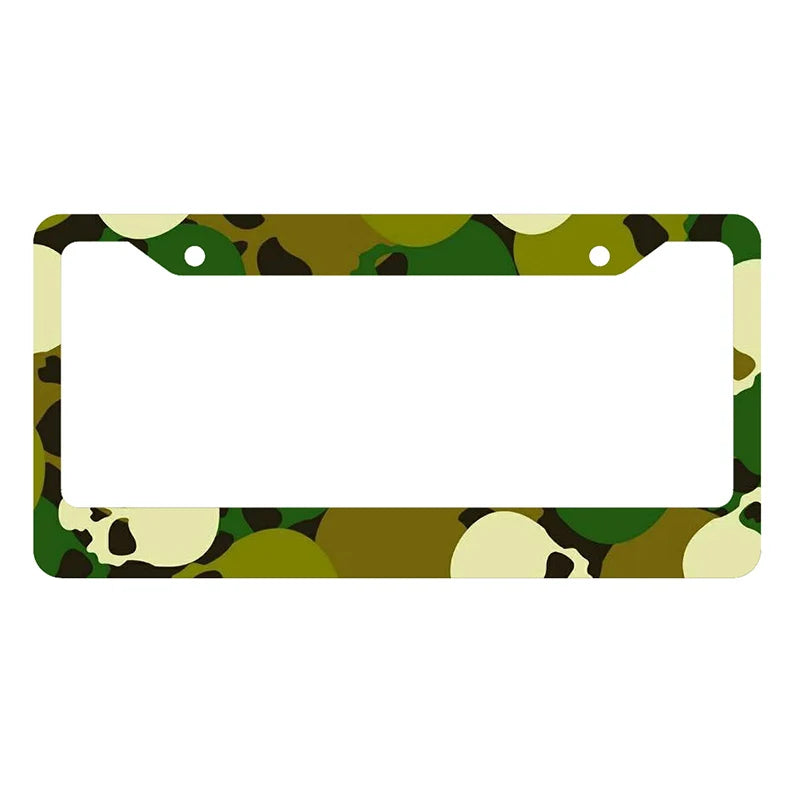 A license plate cover featuring a camouflage pattern of green and brown leaves.
