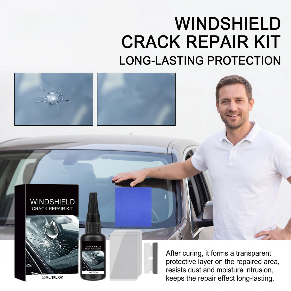 A man demonstrates a windshield crack repair kit on a car window, showing the product and its application.