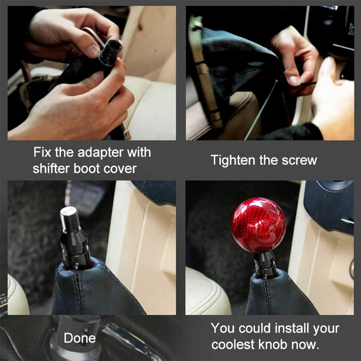 Step-by-step instructions showing how to fix and install a universal gear shift knob adapter.