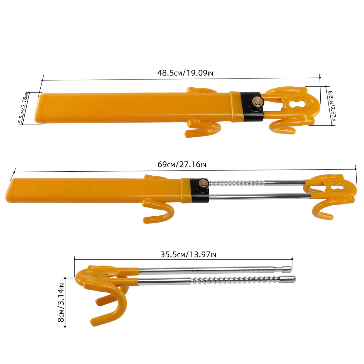 Yellow heavy duty adjustable steering wheel lock tool shown in three different lengths and angles