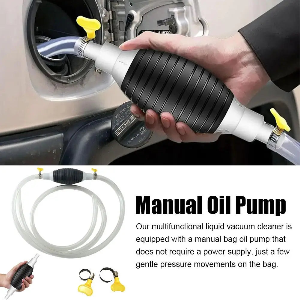 A hand holds a manual oil pump device with a flexible tube, demonstrating its use for liquid transfer.