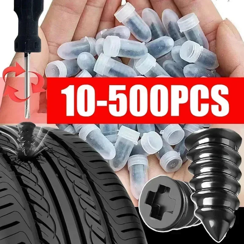 A hand holds a pile of tire puncture repair needles and a black tire tread.