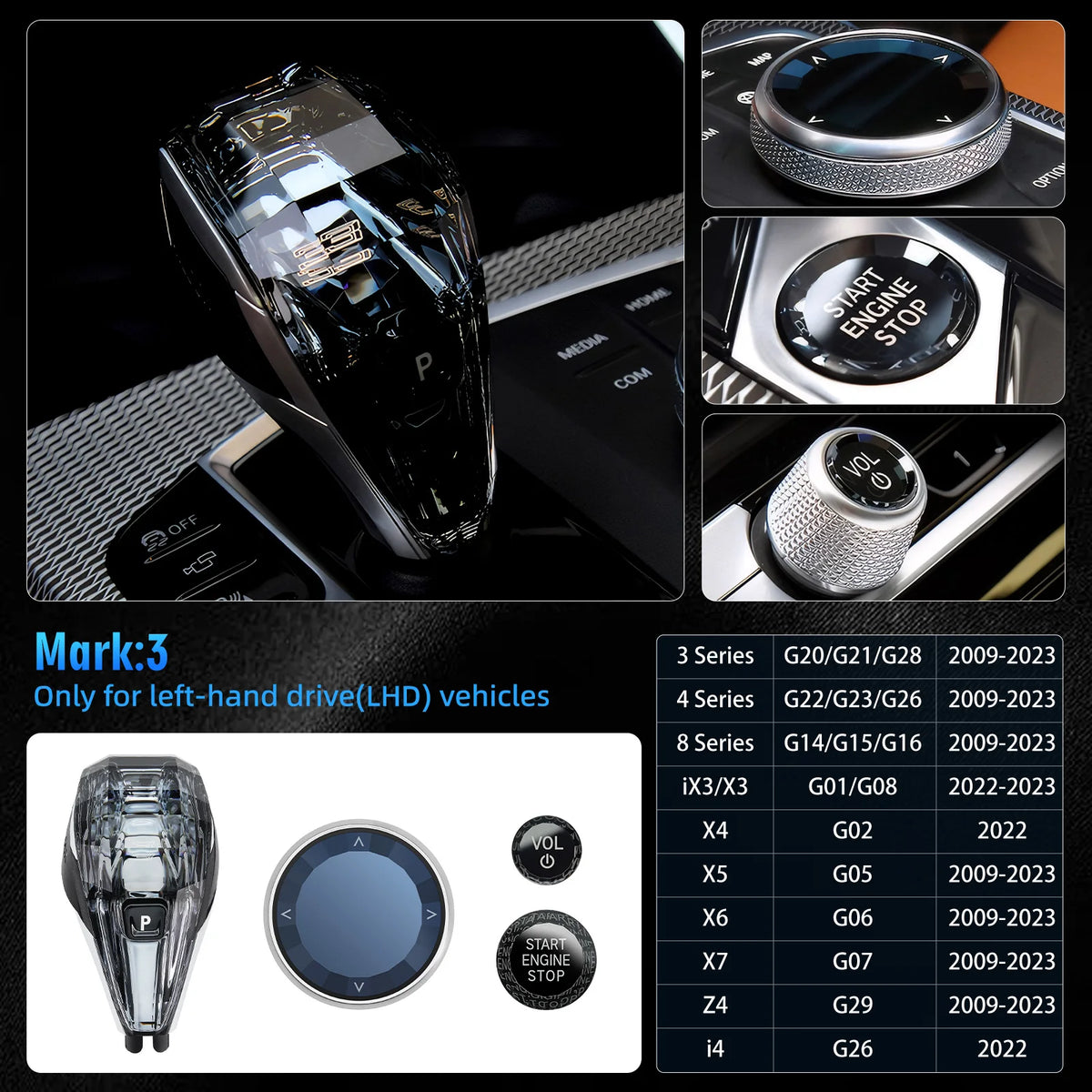 A set of crystal gear shift knobs and levers for left-hand drive vehicles, including various sizes and models.