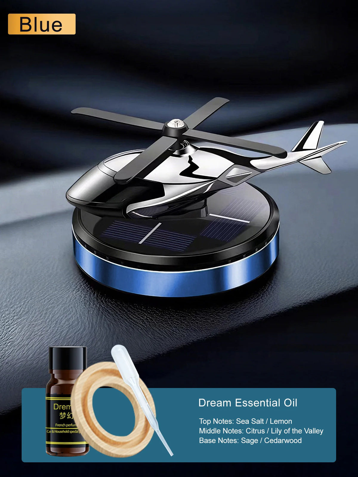 Parfum voiture solaire bleu rotatif avec hélice argentée et bouteille d'huile essentielle de rêve.