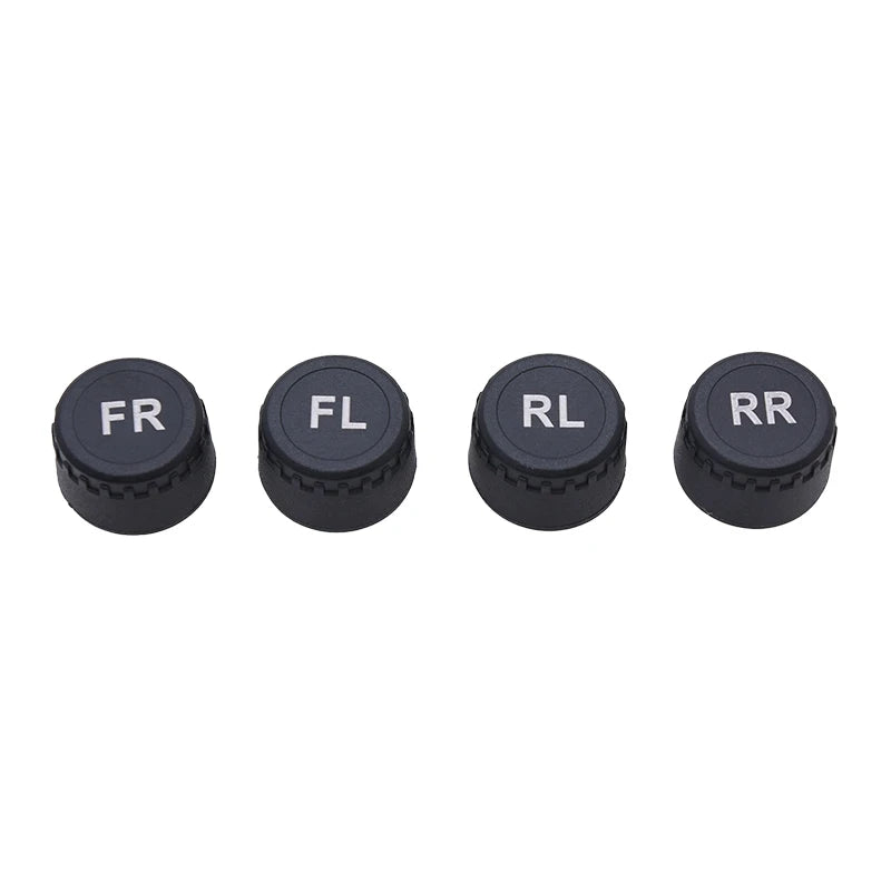 Set of five black tire pressure monitoring system caps labeled FR, FL, RL, and RR