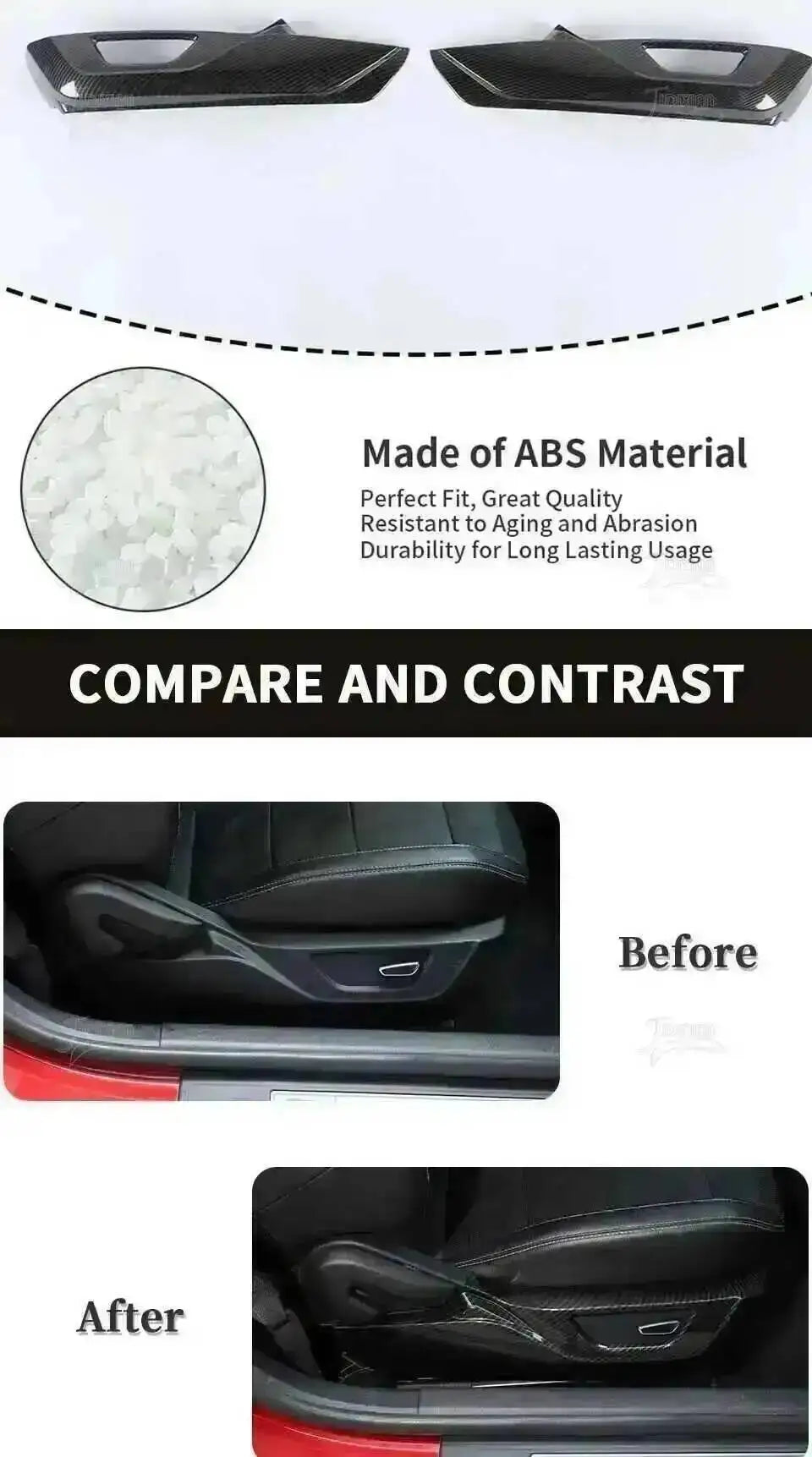 Black ABS material interior decoration kit for Mustang seats showing before and after installation