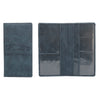 A dark blue leather document and ID holder with a clear plastic sleeve and embossed car design.