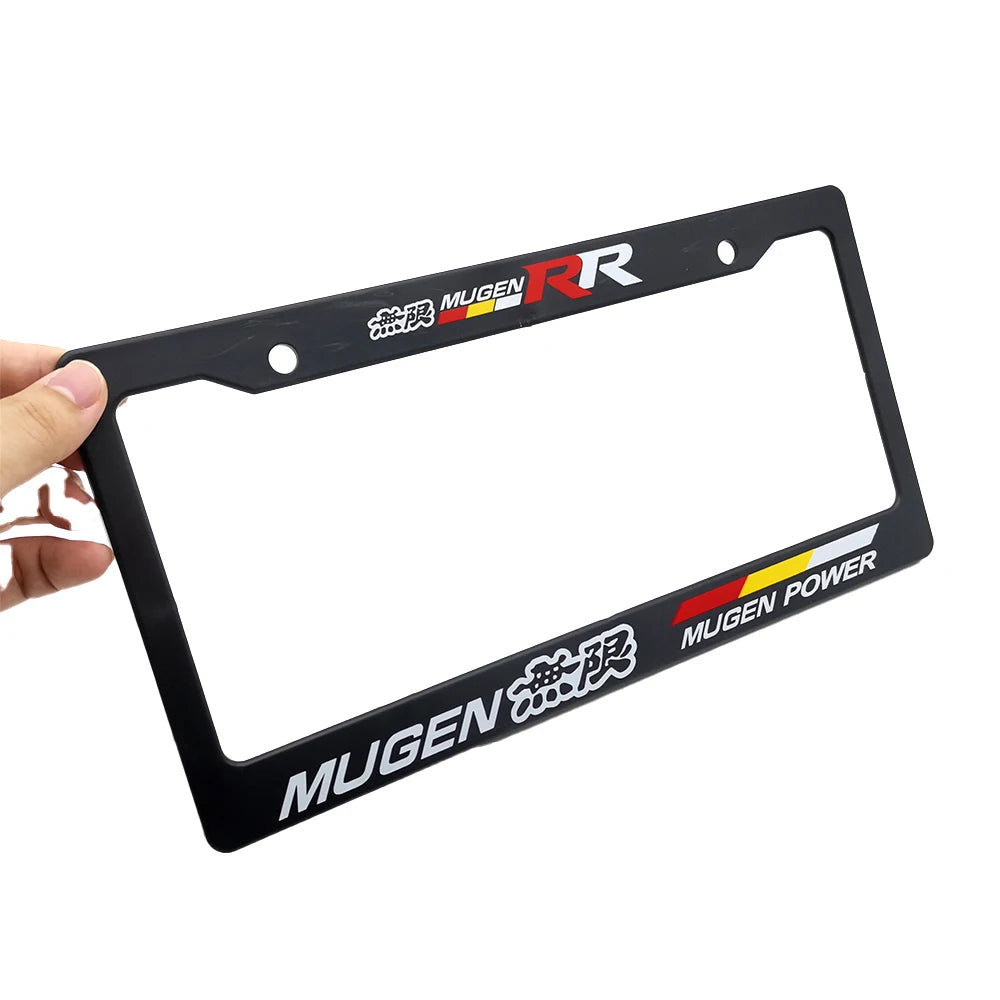 Black license plate frame decoration with MUGEN branding and power text