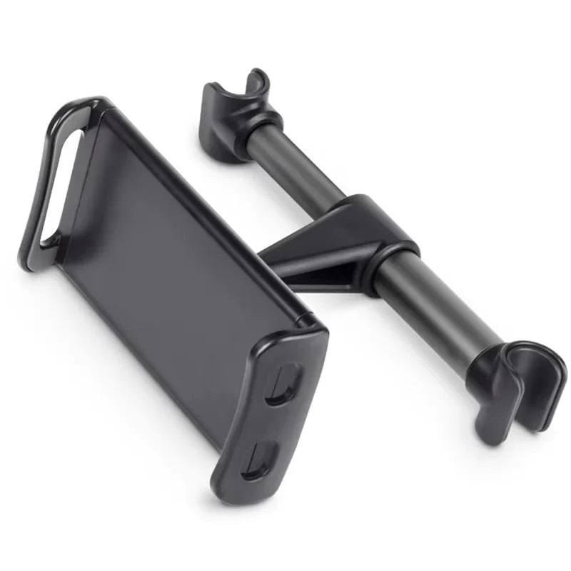 Black universal rotating car headrest phone and tablet mount.