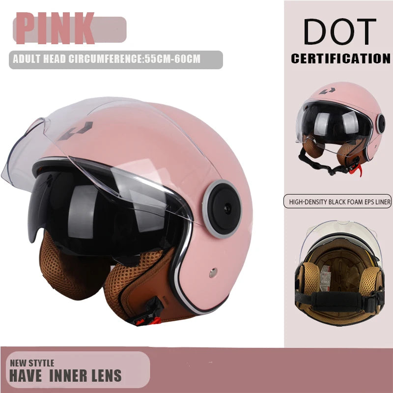 Pink DOT zertifiziertes Offen-Gesicht-Motorradhelm mit schwarzem Visor und sichtner Innenpolsterung.