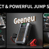 A portable jump starter and tire inflator device shown with various accessories and usage contexts.