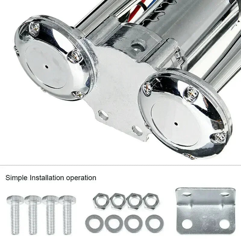 A silver air horn kit with mounting brackets and various screws and rings for installation.