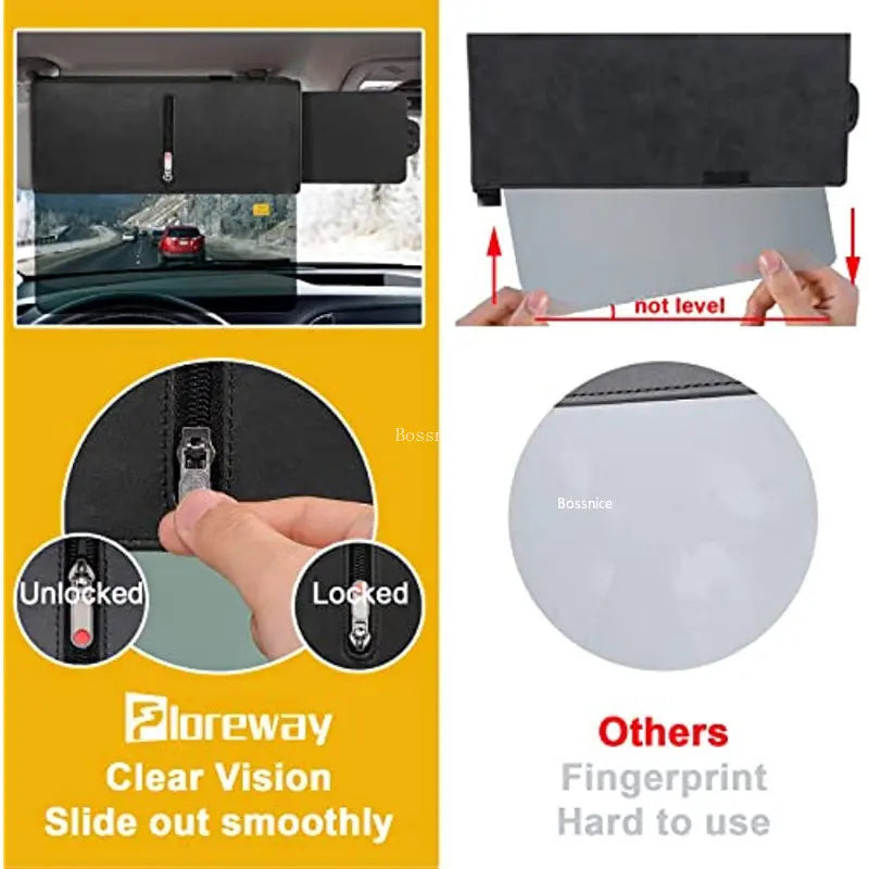 A clear vision slide out sun visor extender for car anti-glare protection shown in various angles and usage examples.