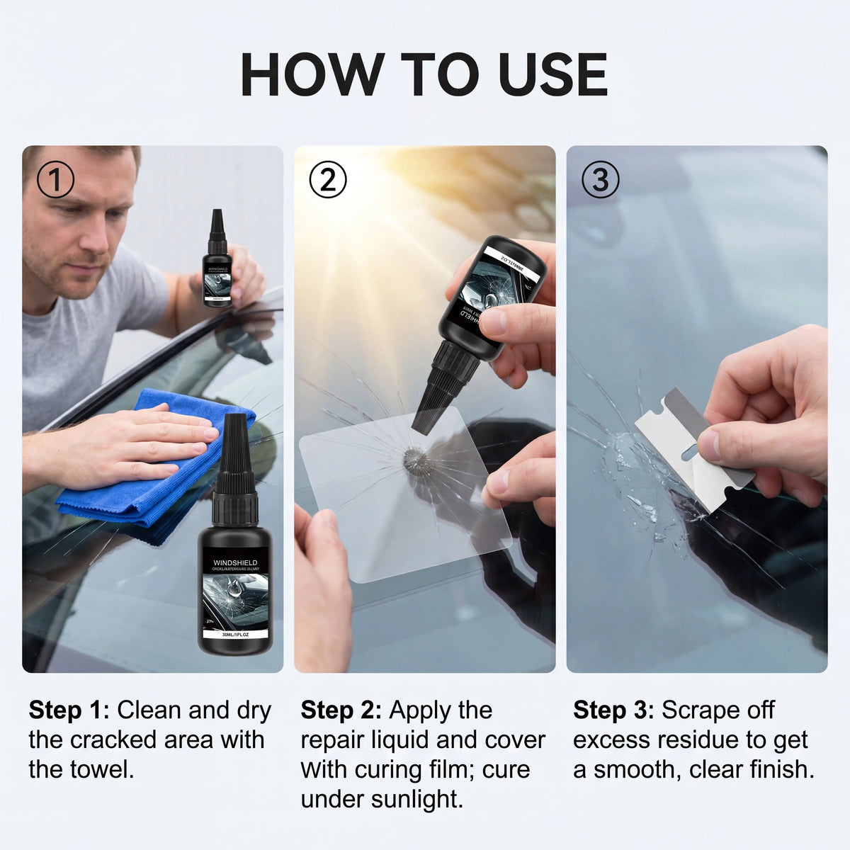 Three steps showing how to use a windshield crack repair kit for smoothing the damage.