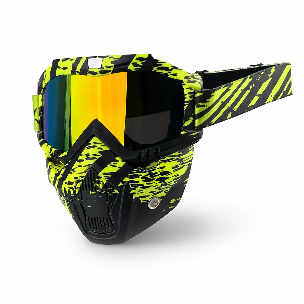 A tactical full face motorcycle goggle with a black frame and neon yellow and black camouflage pattern.