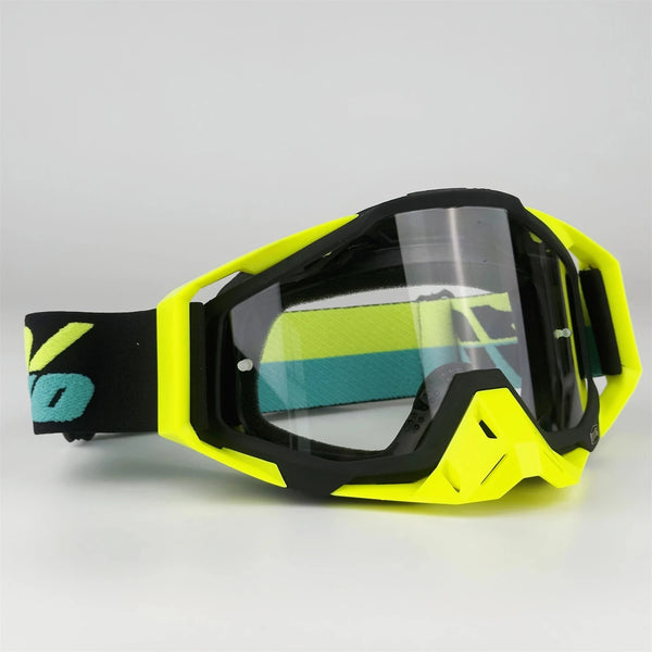Yellow and black off-road motorcycle riding goggles with a clear lens