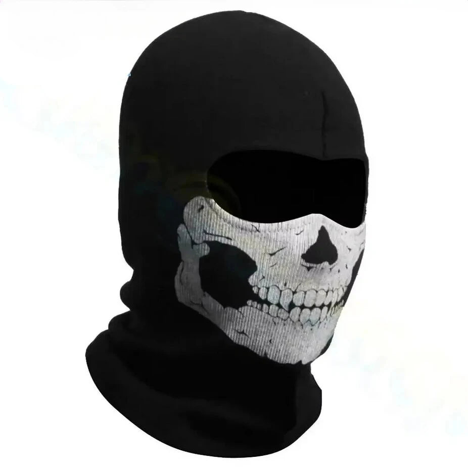 Balaclava noire à visage complet avec un motif de crâne blanc