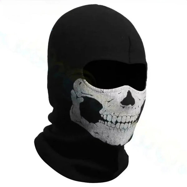 Black full face balaclava with a white skull design