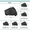Various sizes of black heavy-duty waterproof motorcycle covers shown with dimensions.