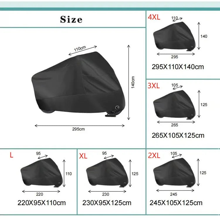 Various sizes of black heavy-duty waterproof motorcycle covers shown with dimensions.