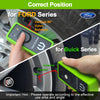 A green TPMS relearn tool is shown being used on a Ford and Buick vehicle for correct position.