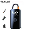 A black portable digital air compressor with a handle, displaying 2.5 BAR pressure and various nozzle attachments.