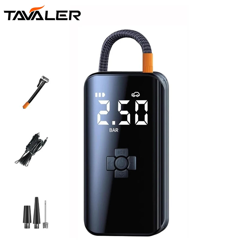 A black portable digital air compressor with a handle, displaying 2.5 BAR pressure and various nozzle attachments.