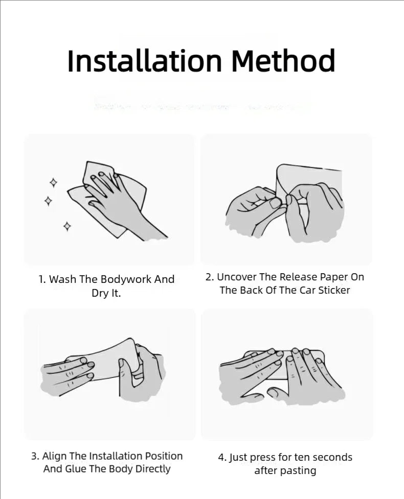 Four steps illustrating the installation method for affectionate car mirror stickers