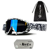 A pair of black and white patterned motorcycle goggles with a black drawstring bag and packaging.