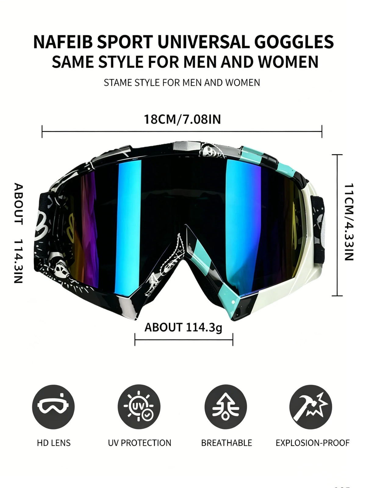 A pair of black sports goggles with a universal style for men and women, featuring an HD lens and UV protection.
