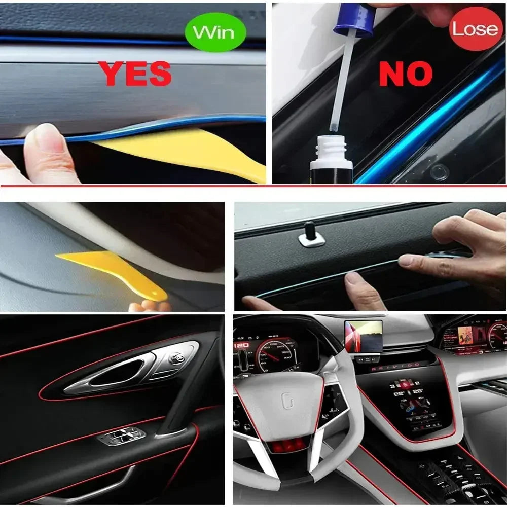 Démonstration d'une bande LED néon flexible pour décoration intérieure automobile, montrant les installations réussies et non