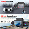 A dash cam system with a 3.0-inch display screen and rear camera mounted on a car dashboard.