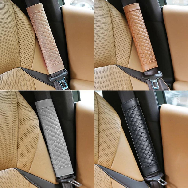 Two sets of PU leather car seat belt covers in beige, pink, and black textures shown on a car seat interior.