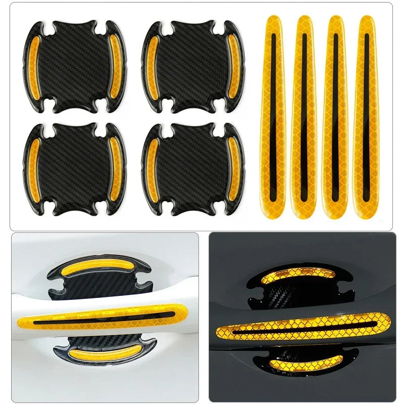 Set of black and yellow reflective door handle protector strips for vehicle doors