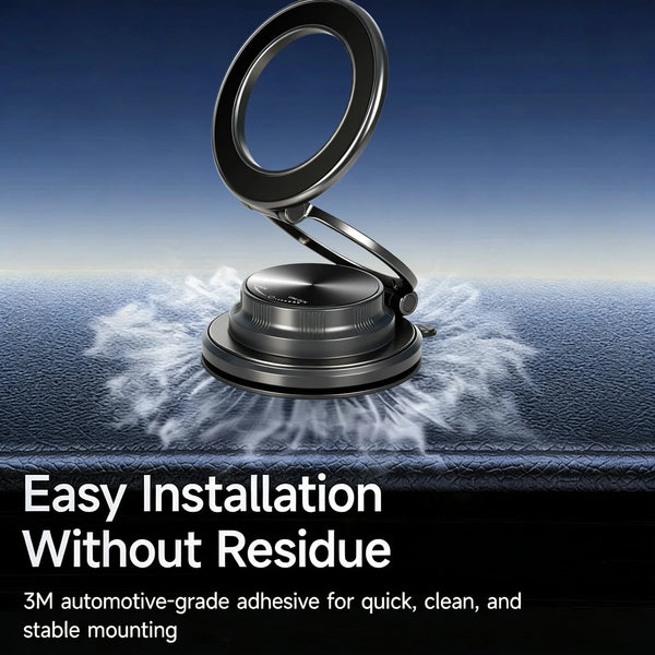 Support magnétique rotatif noir 360° pour téléphone de voiture, installation facile sans résidu.