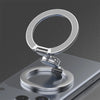 A silver magnetic phone ring stand with a dual-sided grip resting on a smartphone.