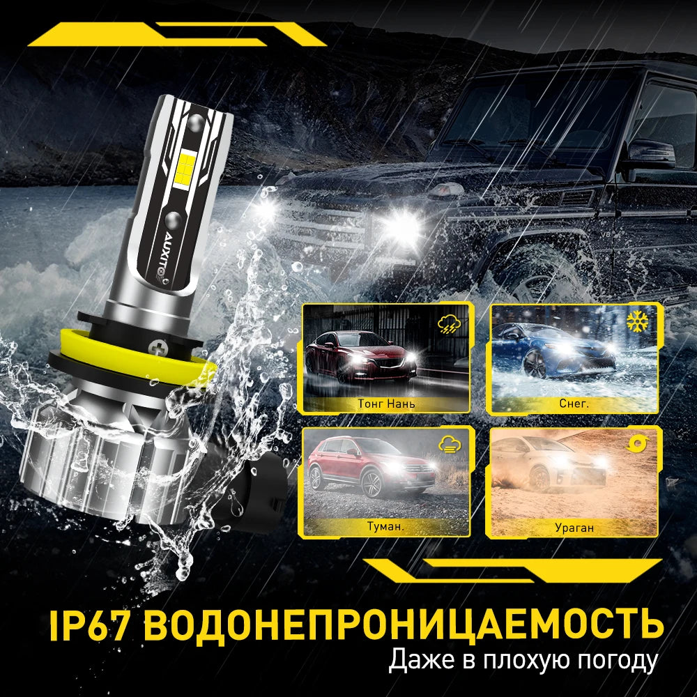 A bright LED headlight and fog lamp bulb assembly being tested against water spray in harsh weather conditions.