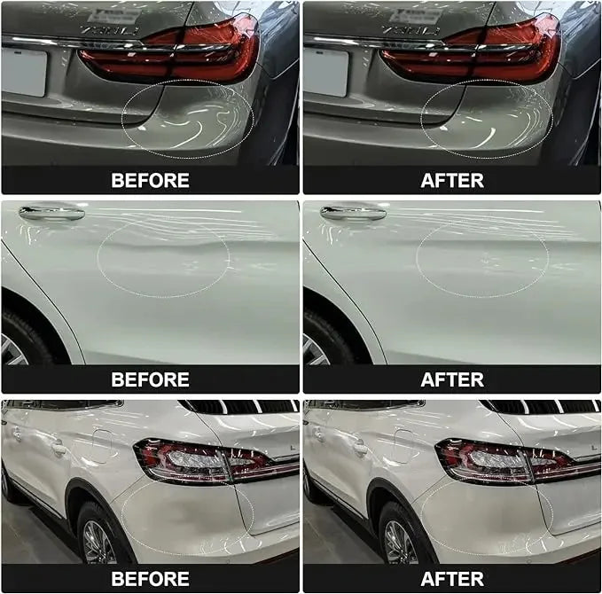 Before and after images showing the professional car dent puller tool kit removing dents from a vehicle's body.