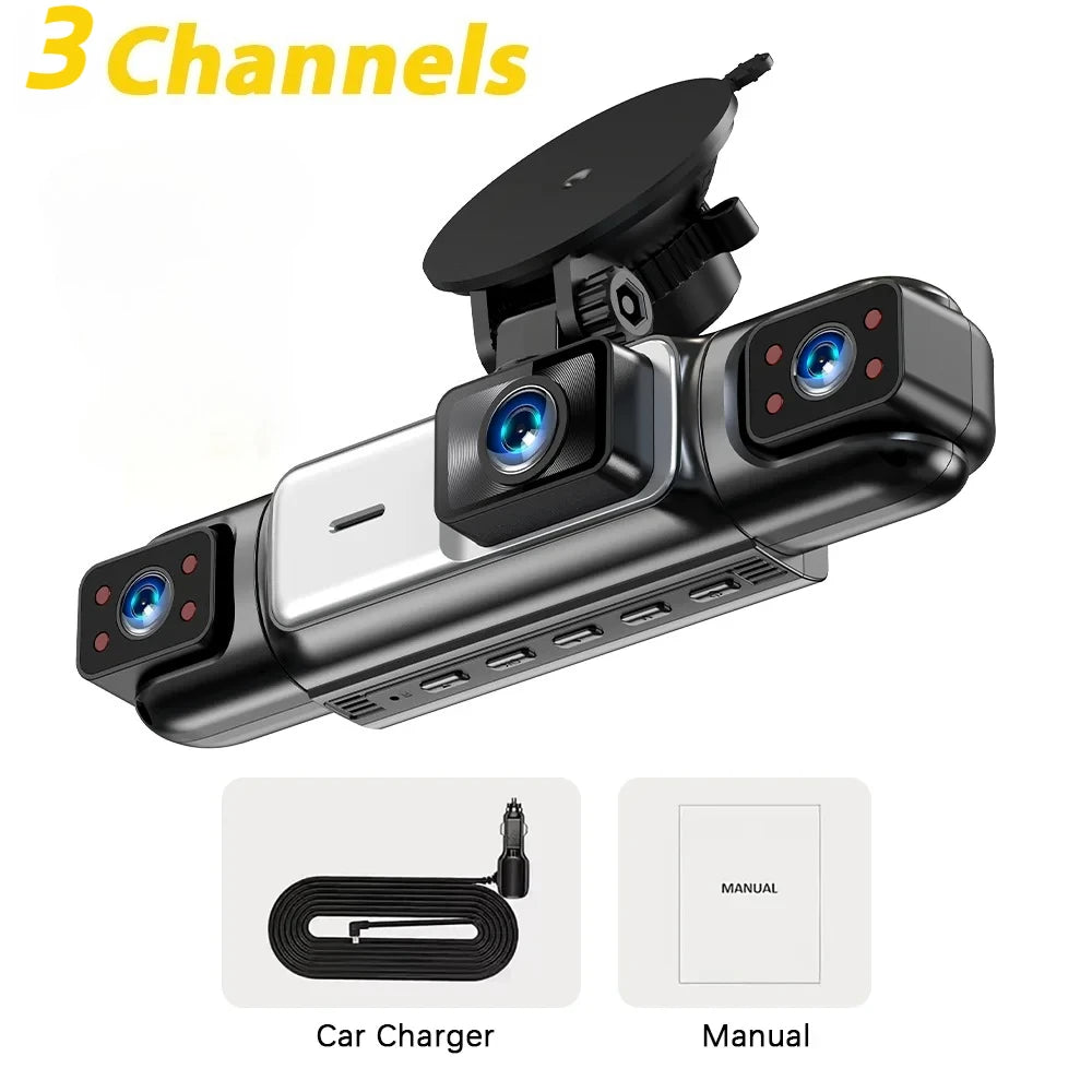 A black 3-channel dash cam is shown with a separate car charger and manual.